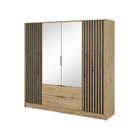 KLEIDERSCHRANK Nelly 4D, Eiche, Schwarzer Paspelierung, mit Spiegel und Schubladen - Schwarz/Eiche Artisan, Holzwerkstoff (206/200/51cm) - Bettso