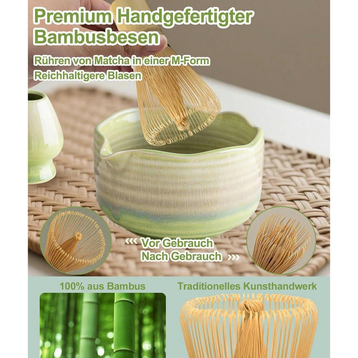 MATCHA Set 7-teiliges Set Keramikschale Bambusbesen Sieb Löffel - Multicolor, Keramik (15/10/15cm)