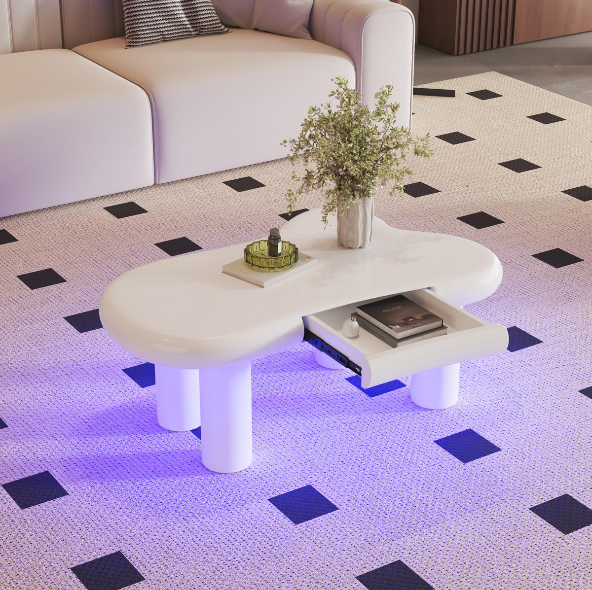 COUCHTISCH aus MDF 98x65,5x40 cm in Weiß mit LED-Beleuchtung & Schublade - Weiß, Holzwerkstoff (98/65.5/40cm) - Modfu