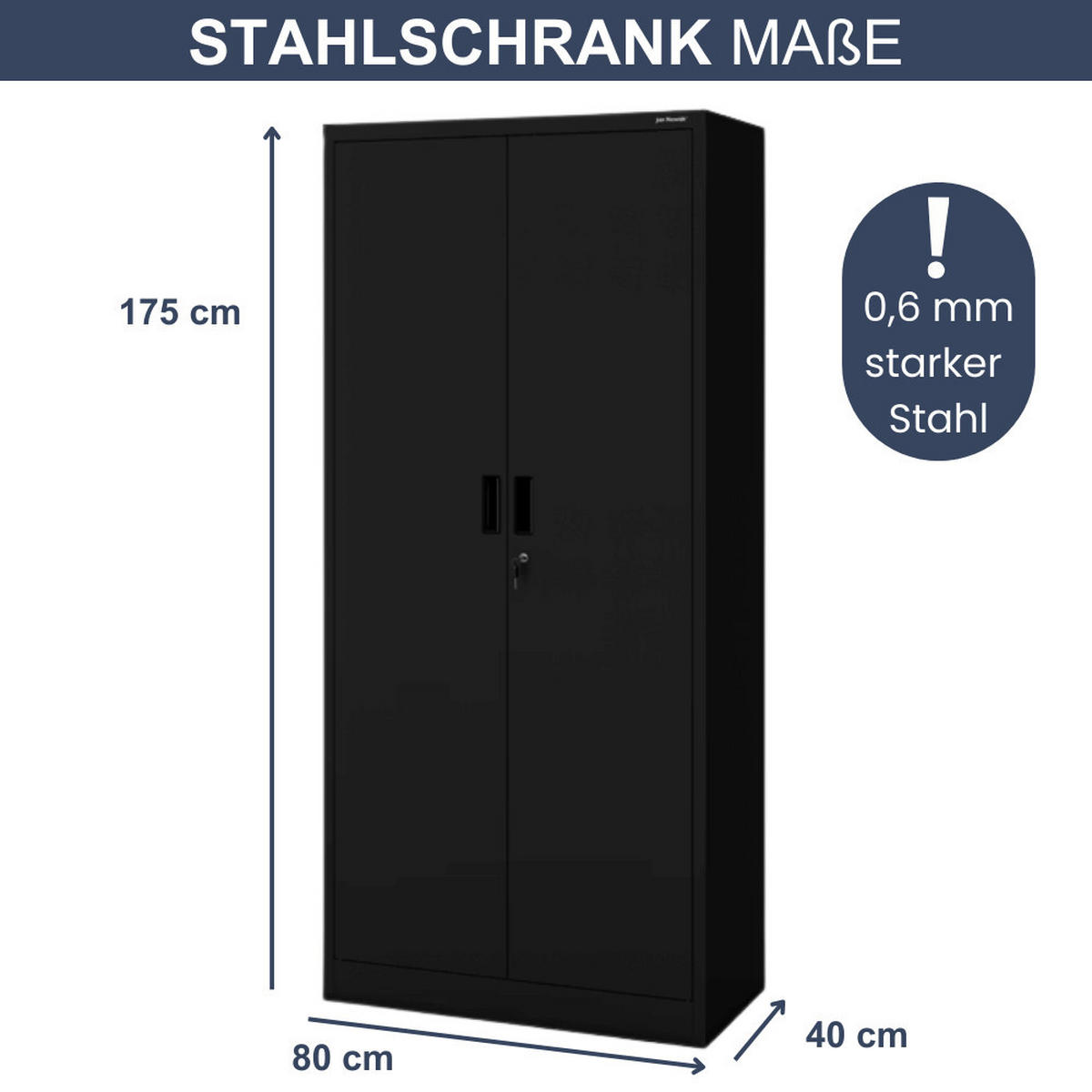 AKTENSCHRANK abschließbar KADO mit Flügeltüren 175x80x40cm Schwarz - Schwarz, Metall (80/175/40cm) - DELUKE
