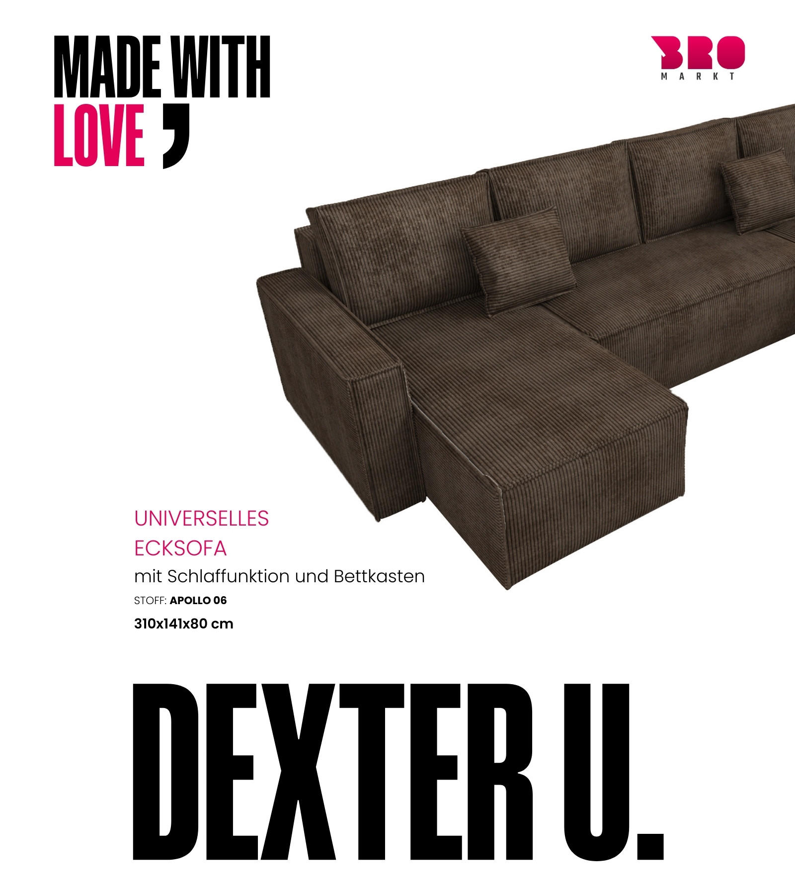 WOHNLANDSCHAFT Dexter U mit Schlaffunktion Grün Cord - Grün, Textil (310/80/141cm) - Bromarkt