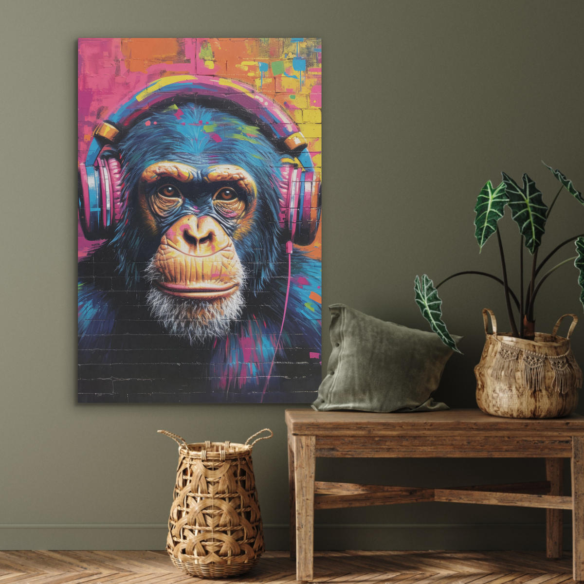 AKUSTIKBILD Graffiti - Schimpanse - Straßenkunst - Kopfhörer - Affe Wanddeko 60x90 cm - Blau, Kunststoff (60/90/0.9cm) - MuchoWow