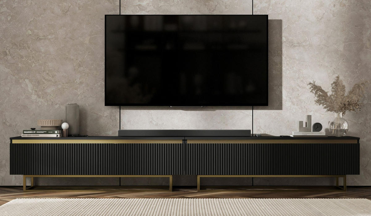TV-LOWBOARD 2-er Set Selene Glamour Schwarz Matt mit Metallrahmen 140 cm - Goldfarben/Schwarz, Holzwerkstoff/Metall (280/44/35cm) - Meble Lindner