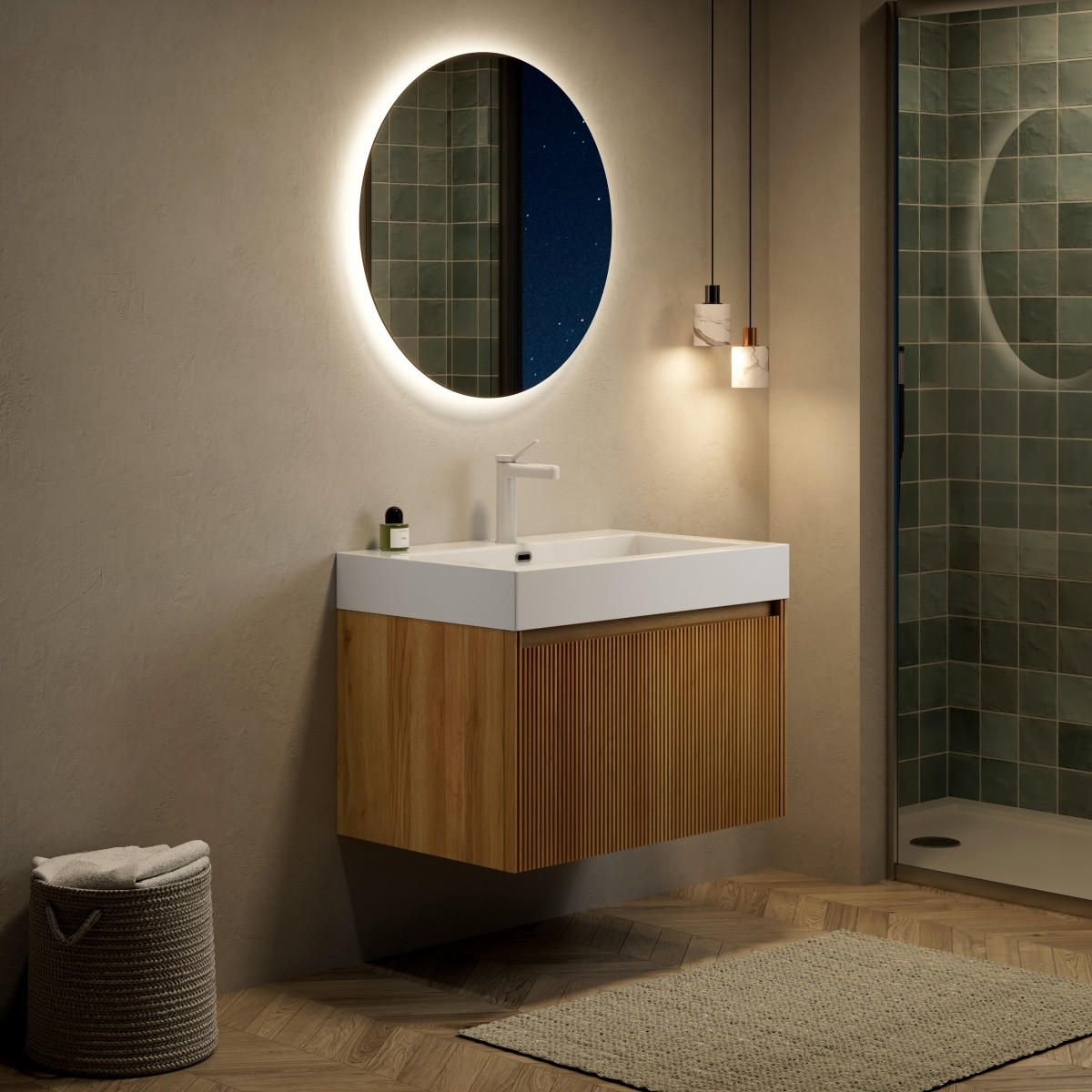 WASCHTISCH Badmöbel 70 cm,Wandhängend Keramik-Waschbecken Eiche Optik Unterschrank Soft Close - Naturfarben, Holz (70/50/46cm) - PARAFTA HOME