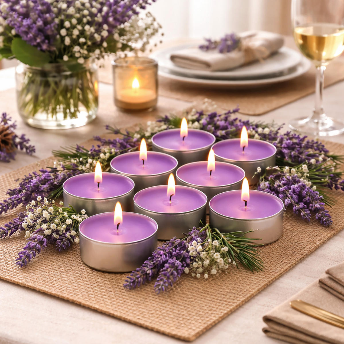 TEELICHT mit Duft - Lavendel - 18er Pack - Lila, Naturmaterialien (4/1.5/4cm) - HS Candle
