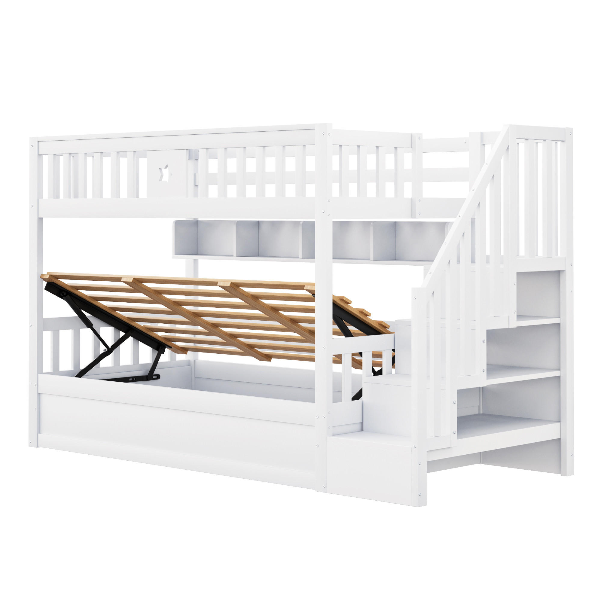 ETAGENBETT 90/200 cm Weiß mit Stauraum, Stauraumtreppe und Ablagefächern - Weiß, Holz (90/200cm) - Oxeza