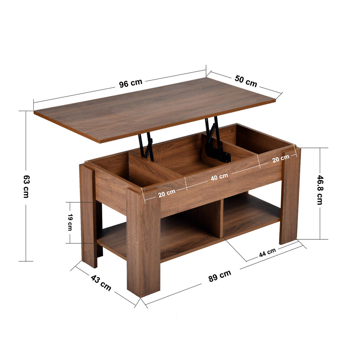 COUCHTISCH mit Lift-Top, Stauraum und Ablagefach, Eiche Optik - Braun, Holz (96/50/47cm) - Urban Meuble