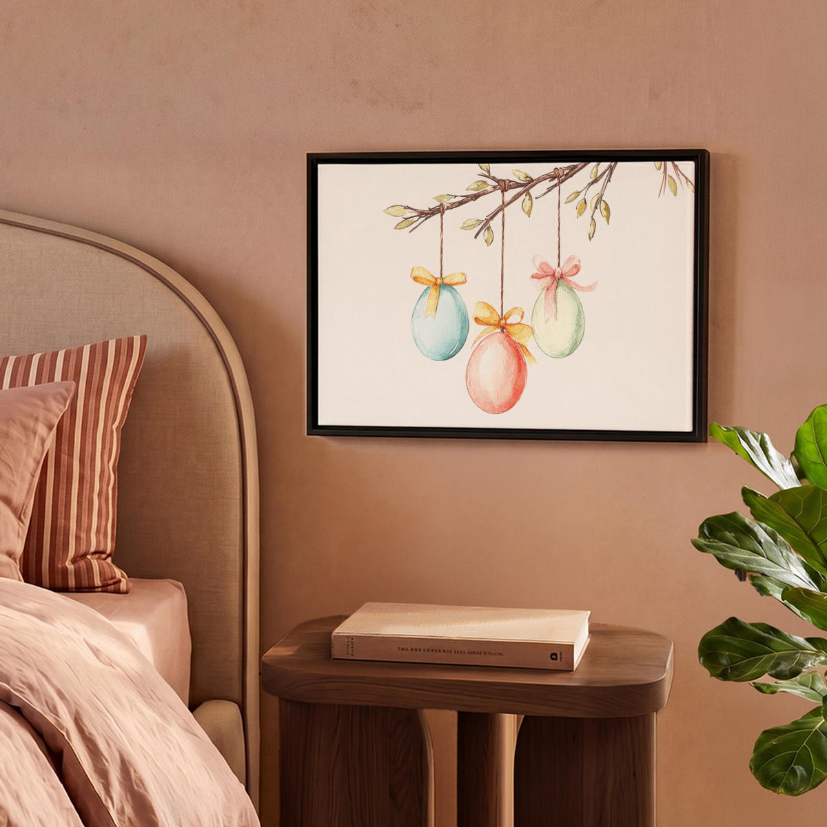 LEINWAND Bilder mit Rahmen - Osterkuchen - Schleife - Eier - 40x30 - Creme, Textil (40/30cm) - MuchoWow