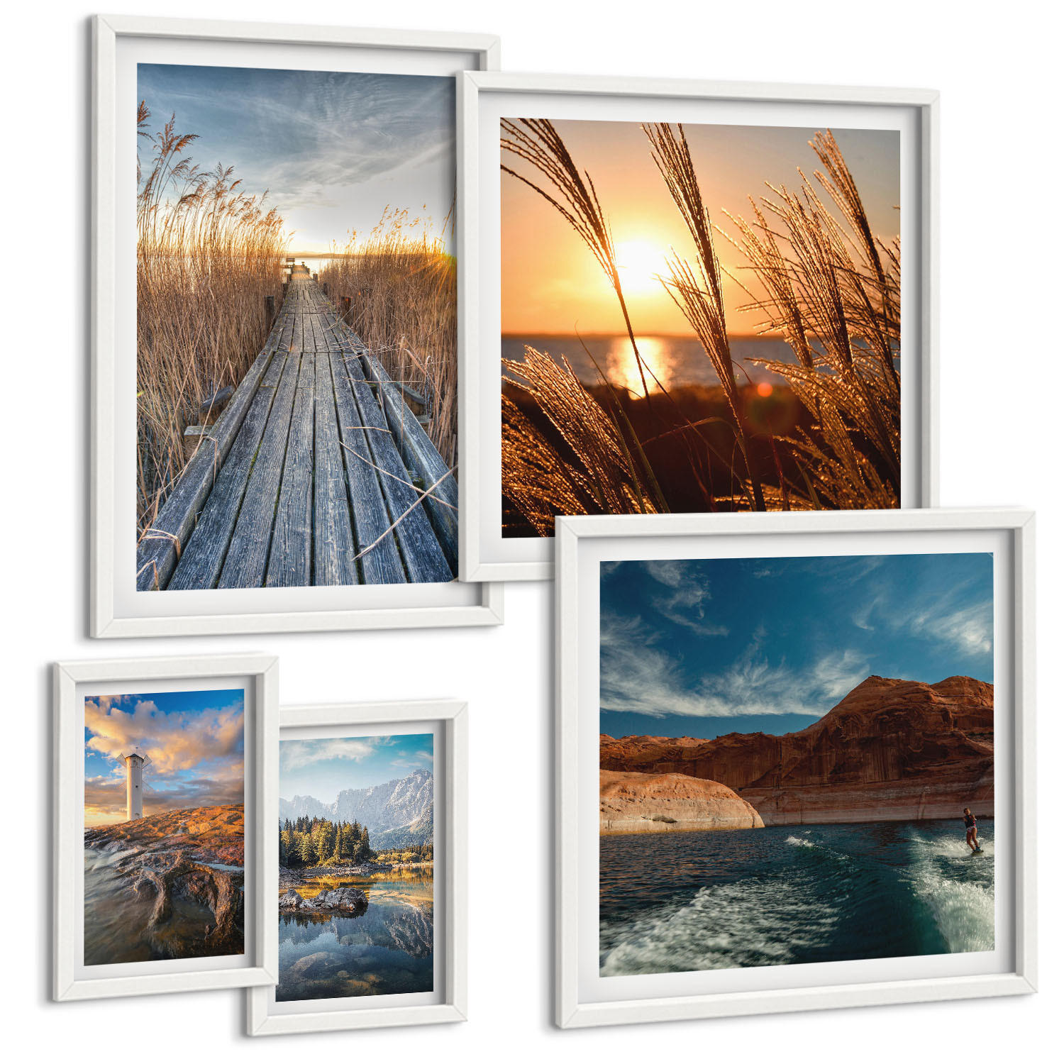BILDER SET 5er Set - 50x50 cm & 20x30 cm & 40x60 cm Weißer Rahmen - Leuchtturm-Grassteg - Weiß, Kunststoff (40/60cm) - TULUP