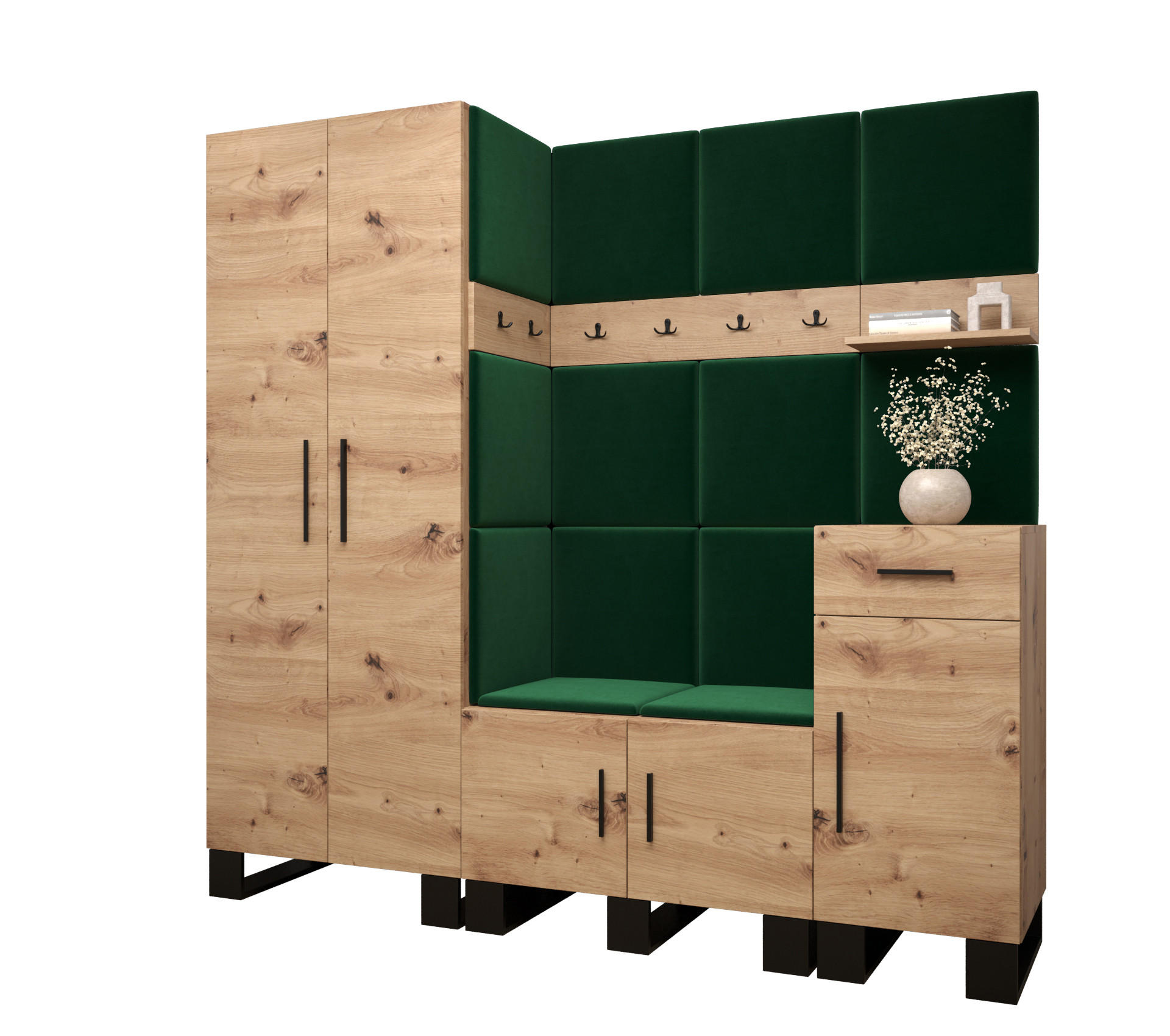 Abiks Möbel Garderoben-Set Eiche Artisan, Waldgrün 200x196x45.6 cm