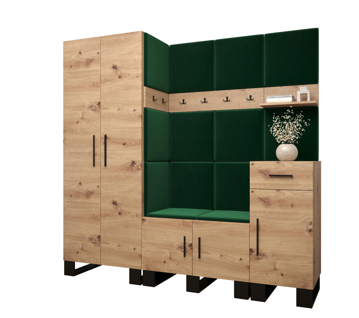 GARDEROBEN-SET 196/200/45,6 - Waldgrün/Schwarz, Holz/Kunststoff (200/196/45.6cm) - Abiks Möbel