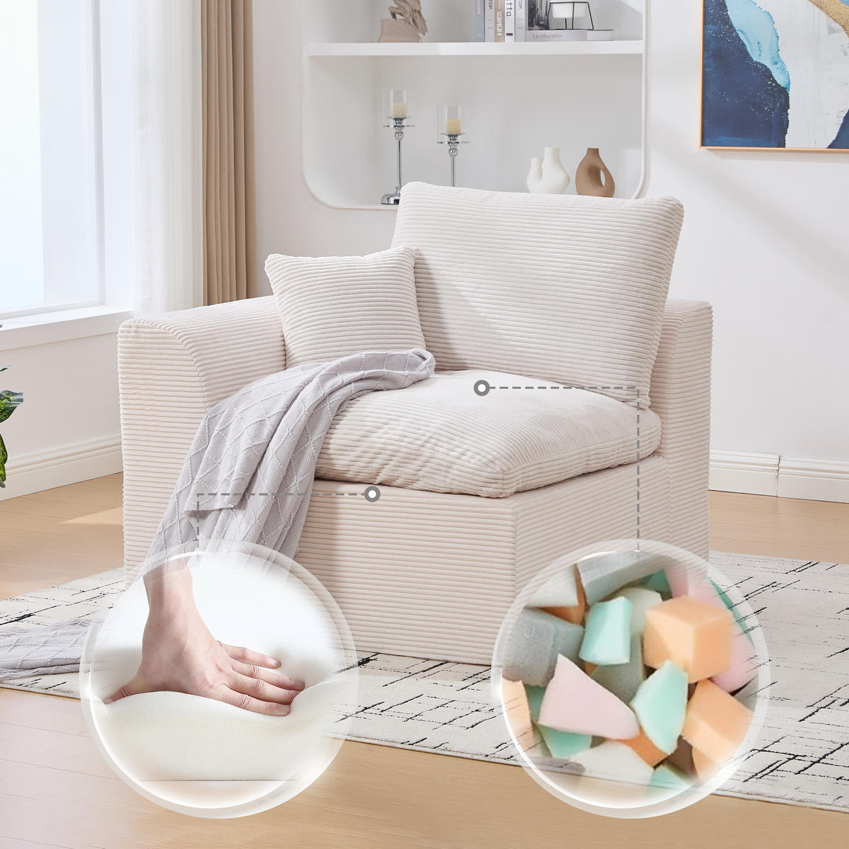 SESSEL Cord-Sofa mit Federkern-Polsterung und Kissen, Montagefrei - Beige, Textil (101/84/102cm) - Urban Meuble