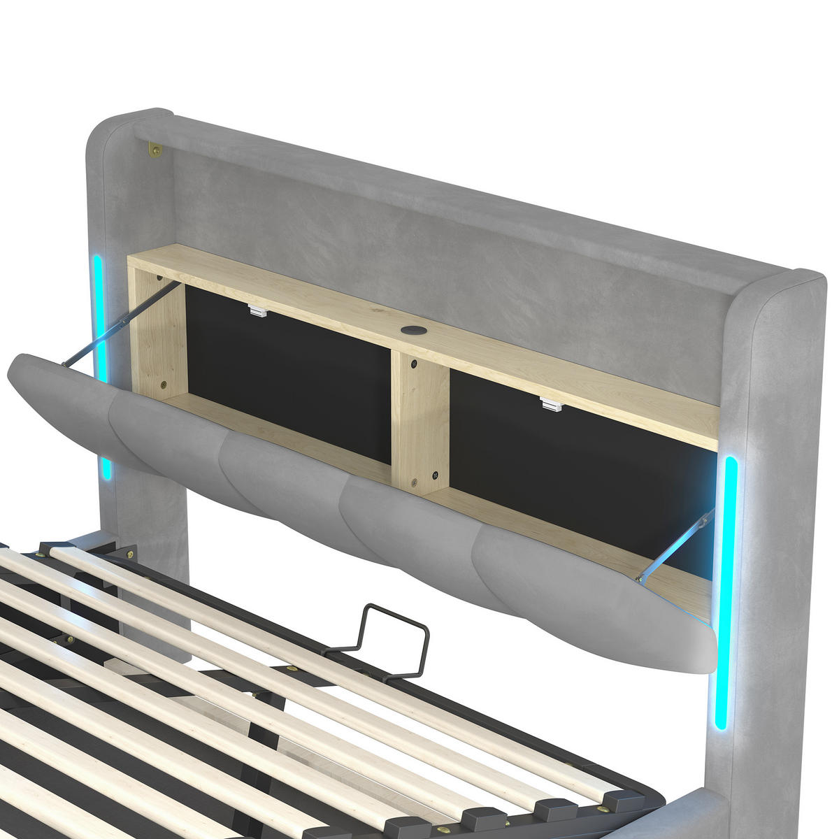 POLSTERBETT 140x200cm Grau Samt LED-Licht Kopfteil Hydraulik USB-C - Grau, Holz (140/200cm) - FLIEKS
