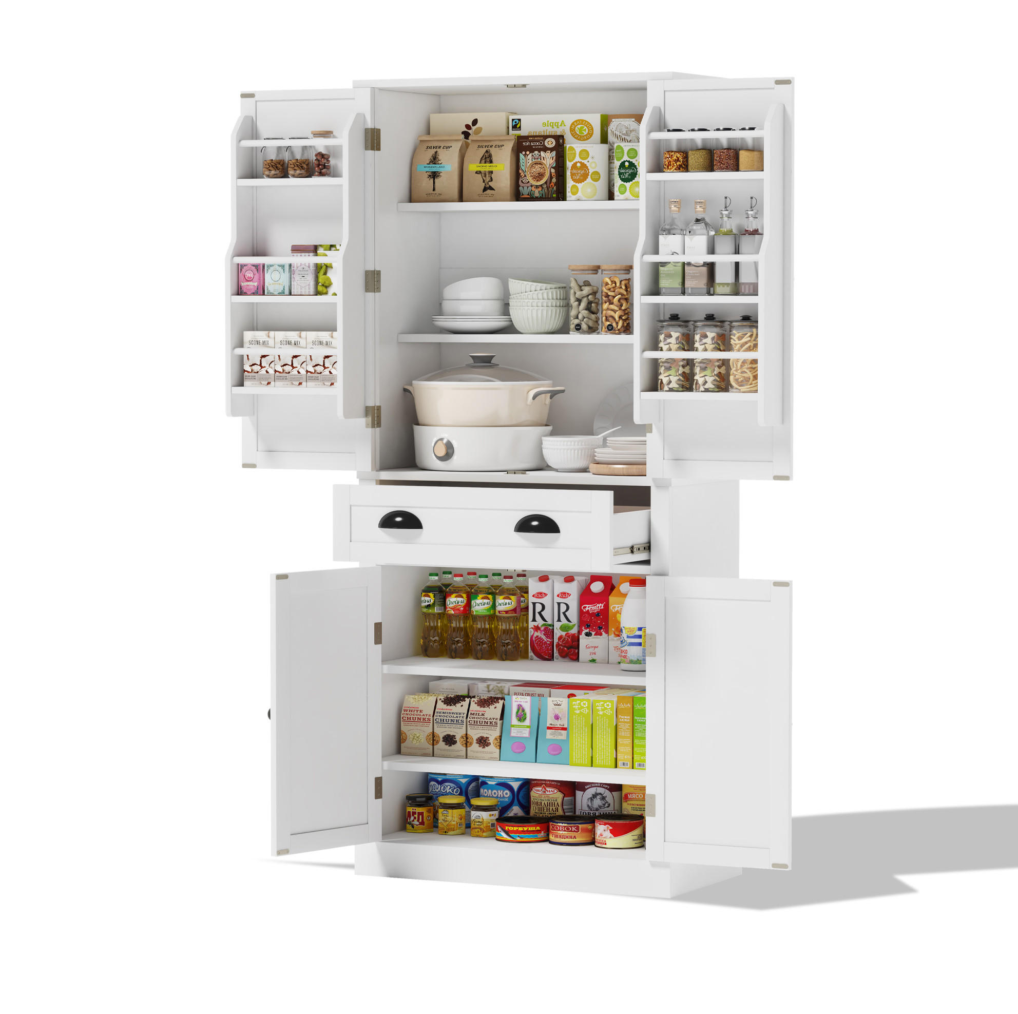 BUFFET 80/40/182 cm aus MDF mit 4 Türen, Schublade und verstellbaren Einlegeböden Weiß - Weiß, Holzwerkstoff (80/182/40cm) - Modenvie