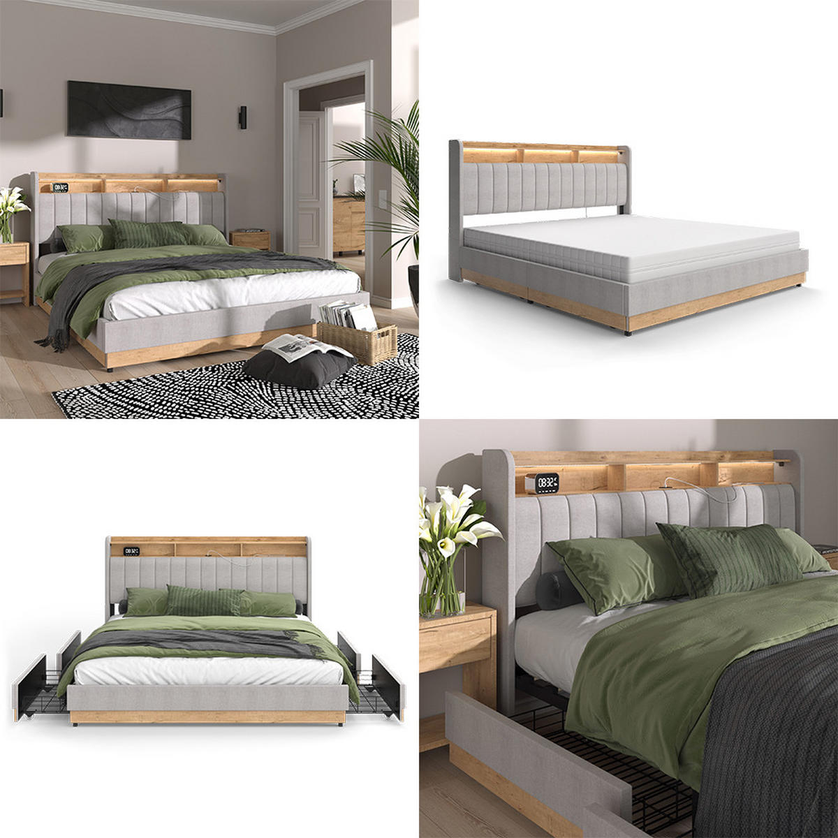 ČALOUNĚNÁ POSTEL Nura Šedá - šedá/barva dubu, kompozitní dřevo - VitaliSpa