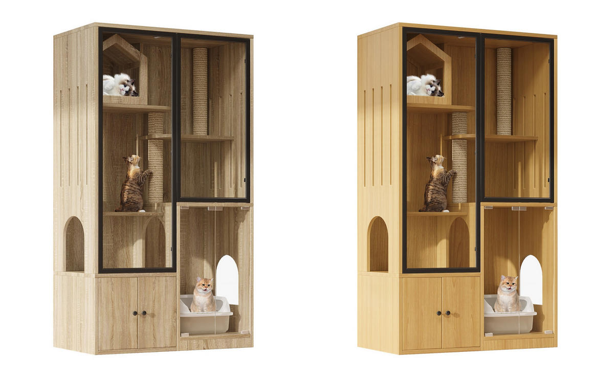 VITRINE Naturfarben aus MDF & Glas 90×50×160cm als Katzenvilla mit Panoramatür und Kratzpfosten - Naturfarben, Holzwerkstoff (50/160/90cm) - Luhomfu