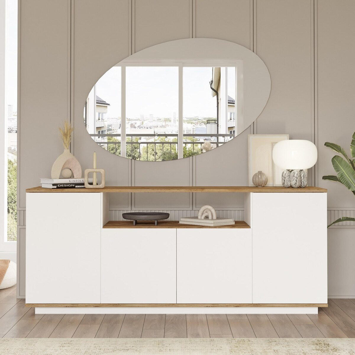SIDEBOARD 4 Türen, 1 offenes Fach Dekor Pinienholz und Weiß B180 cm - Apfelbaumfarben, Holz/Holzwerkstoff (44.5/75/180cm) - Calicosy