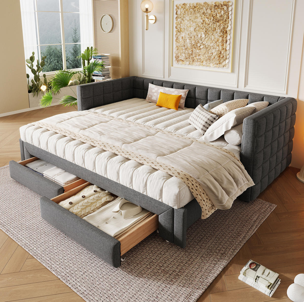 TAGESBETT aus Samt 90x200 cm Grau mit Ausziehfunktion, 2 Schubladen und quadratischer Rückenlehne - Grau, Textil (140/190cm) - Modfu