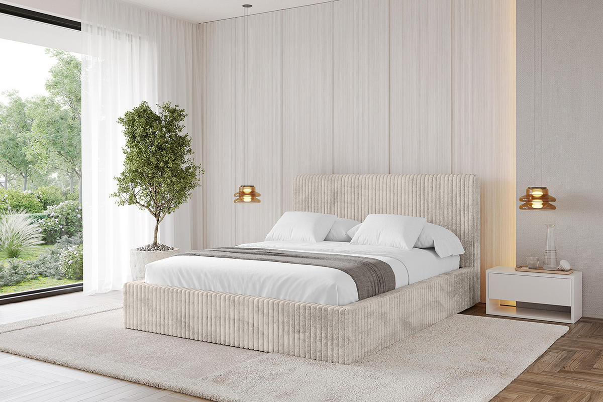 POLSTERBETT mit Bettkasten und Lattenrost, Bett mit Matratze H3/H4 - ALOVA-V1 - Creme, Holzwerkstoff/Textil (180/200cm) - ALTDECOR