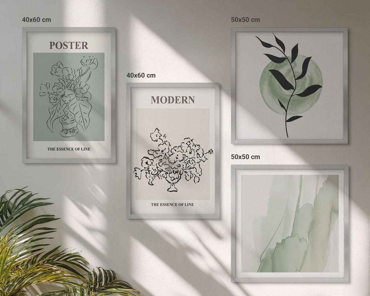 BILDER SET 4er Set - 50x50 cm & 40x60 cm Silberner Rahmen - Blumen in einer modernen Vase - Silberfarben, Kunststoff (50/50cm) - TULUP