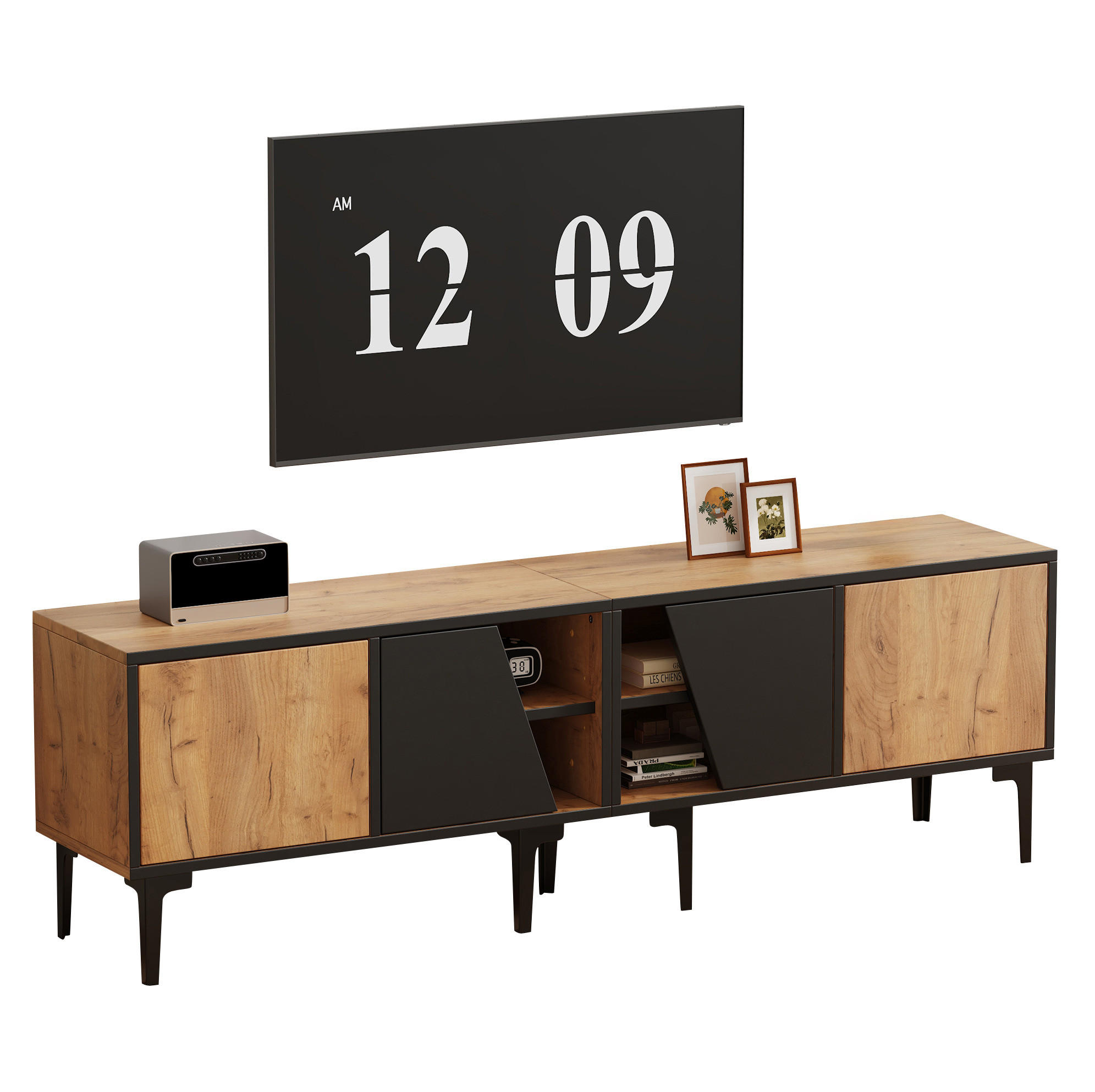 TV ormarić od iverice 160x36,5x45 cm prirodna boja i crna s 4 pretinca i 7 PVC nogu, za TV do 65" - svijetlo smeđa, drvni materijal (160/45/36.5cm) - Modfu