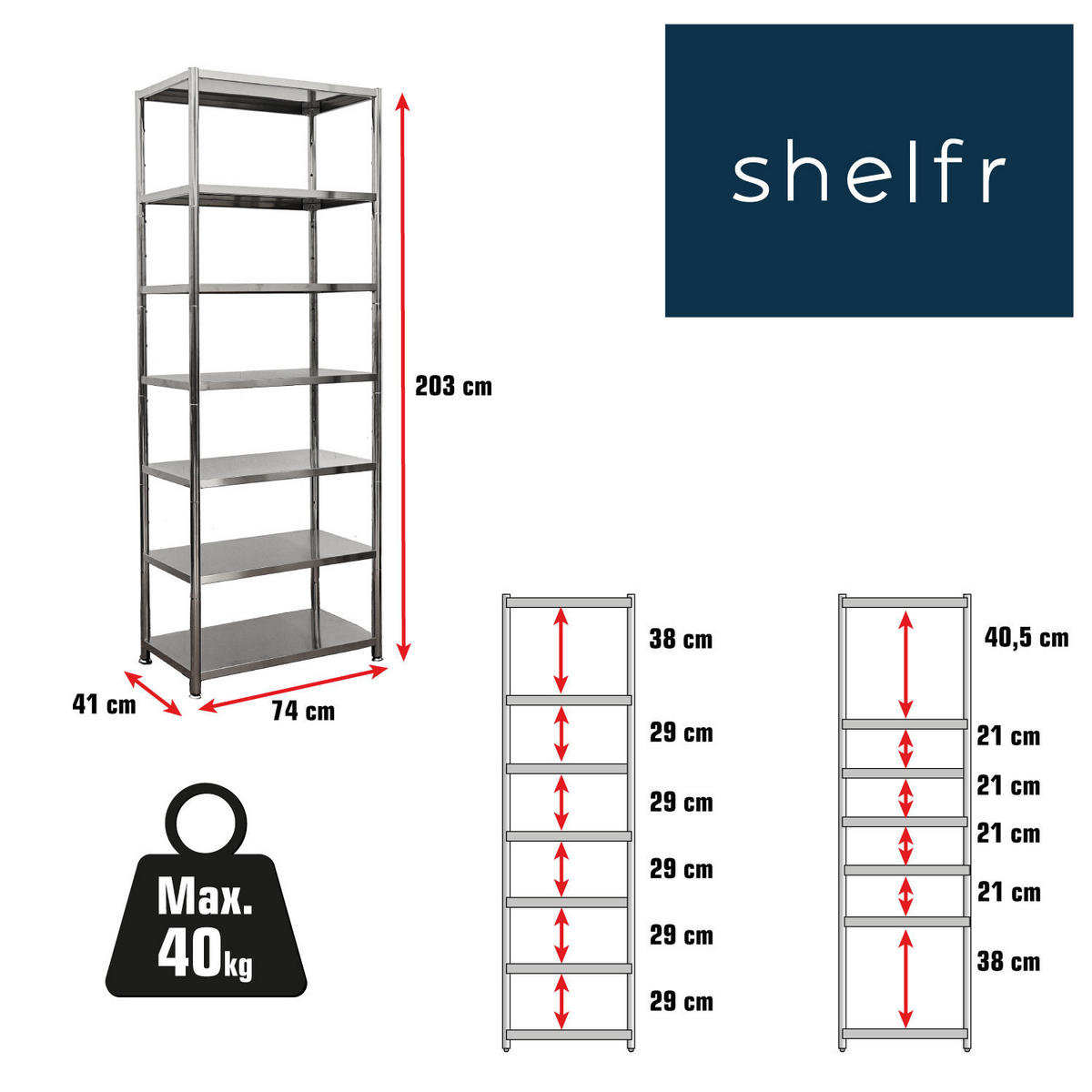 METALLREGAL 74x41x200 cm bis 280kg mit 7 Ebenen - Silberfarben, Metall (41/200/74cm) - shelfr