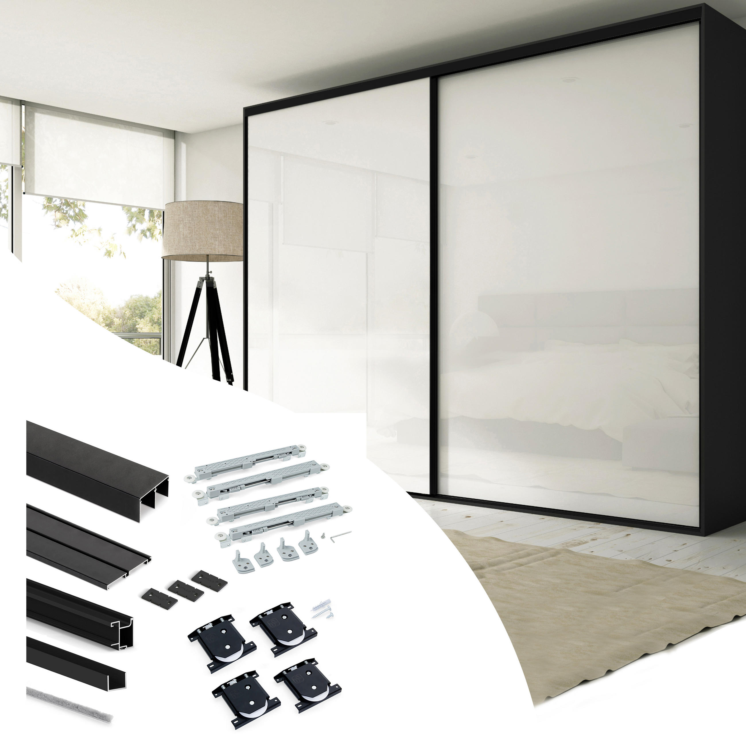 HARDWARE SET für Placard 74 2-Schiebe-Kleiderschrank mit sanftem Schliessen, Profil Sharp, Stärke 16mm, ohne Paneele, Schwarz lackiert - Schwarz, Metall (3.4/8/235cm) - EMUCA