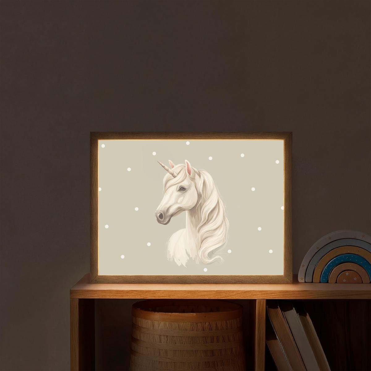 NÁSTĚNNÁ LAMPA S AKUMULÁTOREM Jednorožec - bílý - tečky 40x30 cm - šedohnědá, kompozitní dřevo (40/30/8cm) - OnlyWow