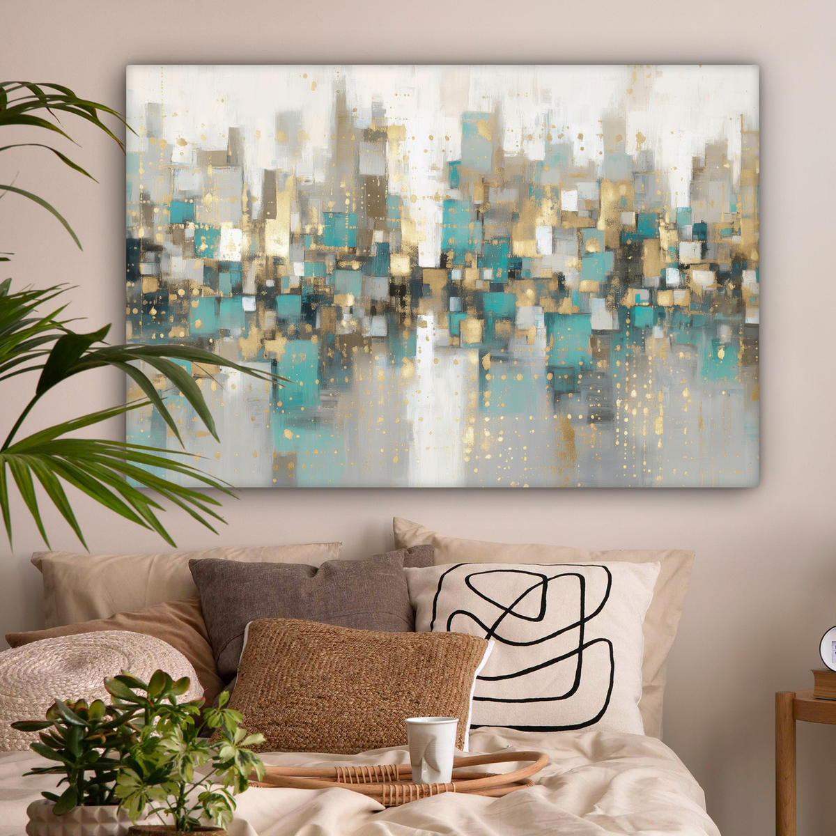 LEINWANDBILD Abstrakt - Blöcke - Gold - Skyline Wohnzimmer Groß 120x80 cm - Beige, Textil (120/80cm) - MuchoWow