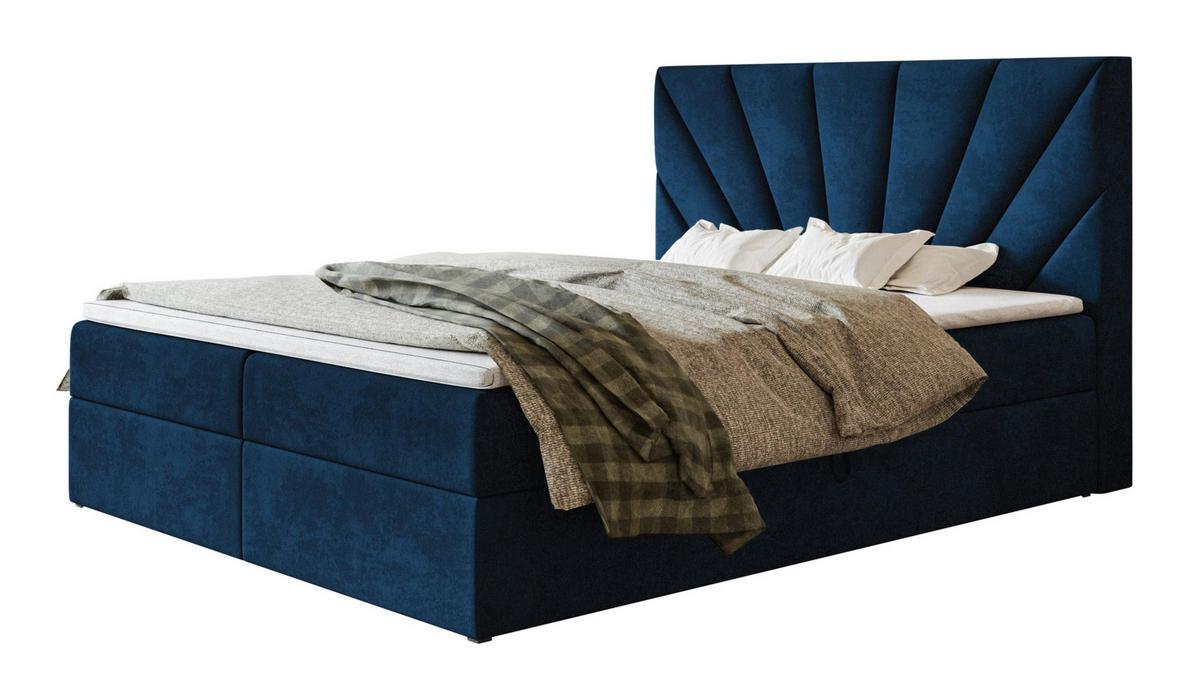 BOXBETT DENVER mit 2 Bettkästen, 140x200, Farbe: Dunkelblau, Velourstoff, Doppelbett mit Bonell-Matratze - Dunkelblau, Holz/Kunststoff (140/200cm) - Alpi-Möbel