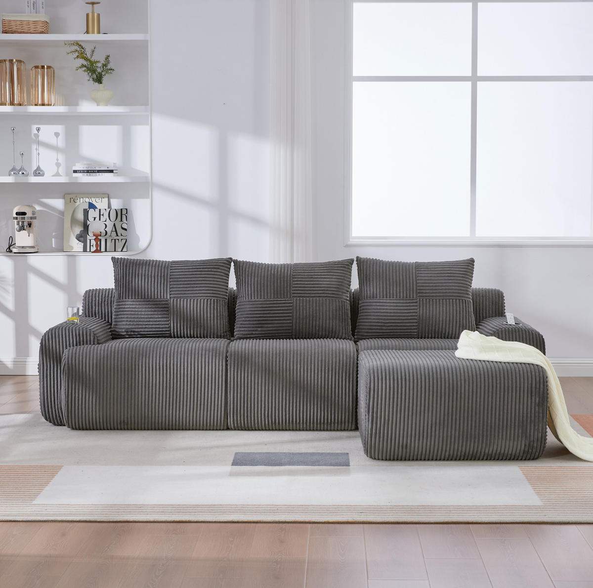 SOFA modular 268 x 174 x 80 cm Corduroy Dark Gray 3-Sitzer - Dunkelgrau, Kunststoff (174/268.1cm) - Meubliv