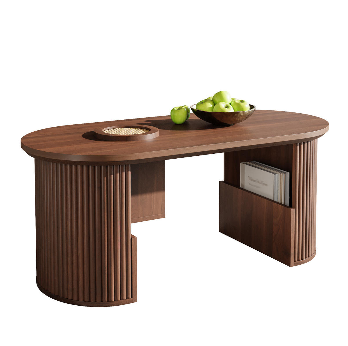 KONFERENČNÝ stolík 105/50/46,5 cm z MDF s úložnými priehradkami a oválnou doskou, Orechová - farba orecha, kompozitné drevo (105/50/46.5cm) - Redom