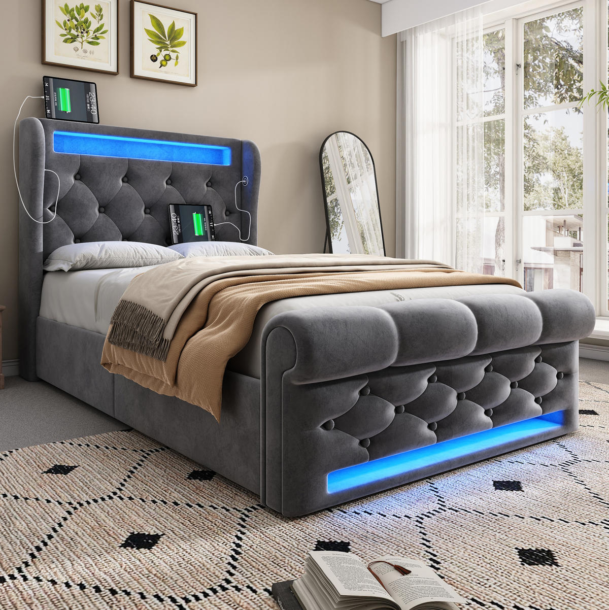 POLSTERBETT 90/200 cm Grau aus Samt mit LED, Stauraum, USB- und Type-C-Anschlüssen - Grau, Textil (90/200cm) - Flora Grace