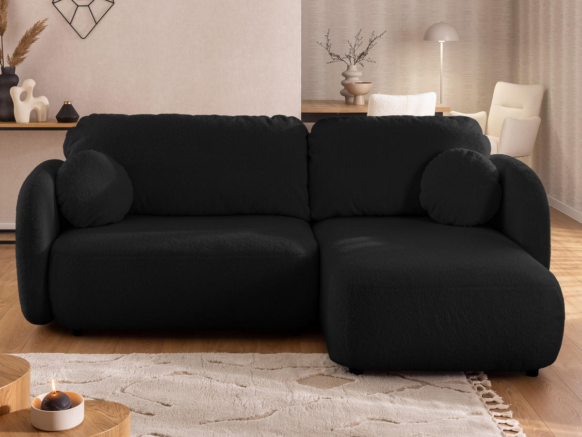 ECKSOFA Candy mit Schlaffunktion Schwarz Bouclé-Stoff - Ottomane rechts - Schwarz, Holz/Kunststoff (146/230cm) - S-Style Möbel