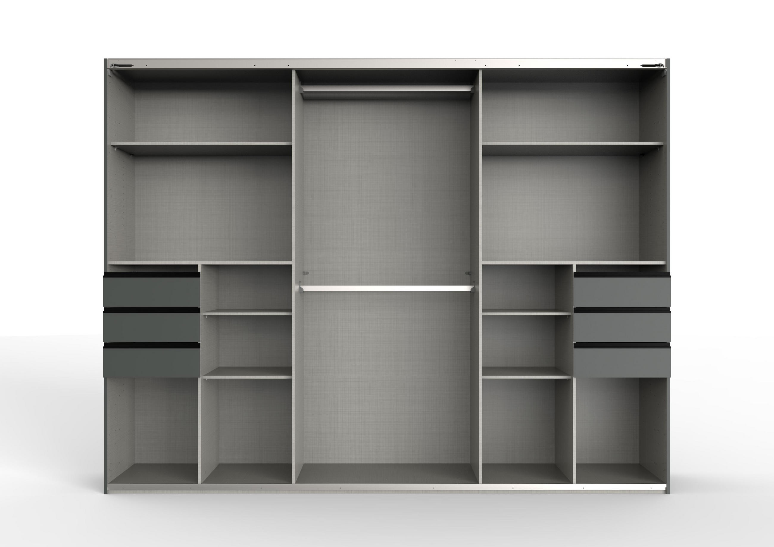 SCHWEBETÜRENSCHRANK 3-türig mit Passepartout, Spiegel, Schubladen, Vollausstattung, Weiß mit Absetzungen in Grafit, B273/H213/64 cm / 22505 - Schwarz/Weiß, Holzwerkstoff/Metall (273/213/64cm) - luma-home