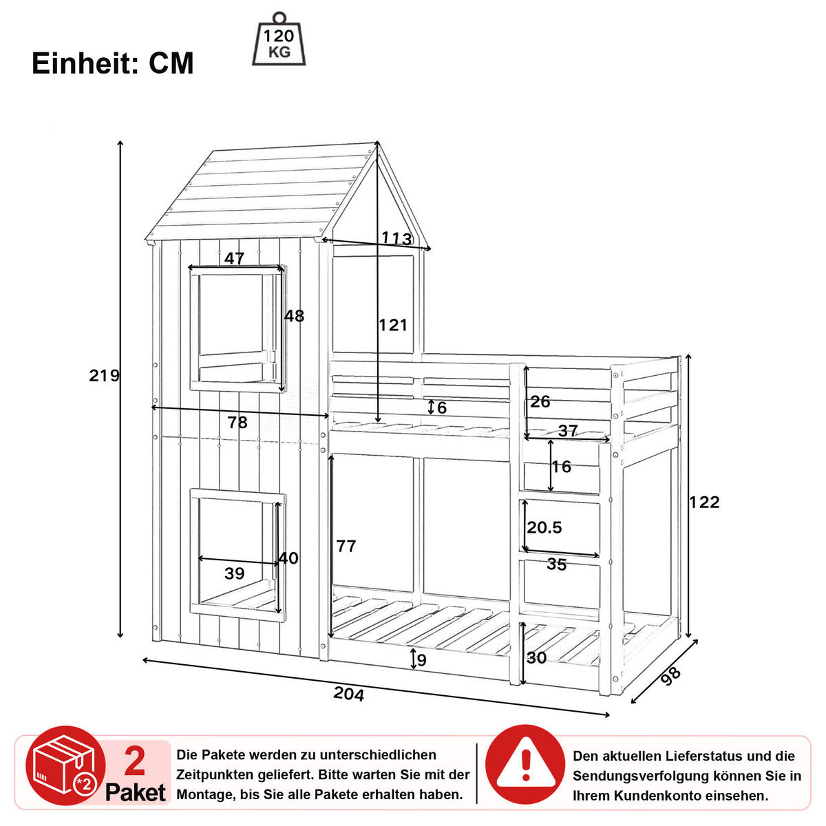 ETAGENBETT 90/200 cm in Grau im Hausbett-Design mit Sicherheitsgeländer - Grau, Holz/Holzwerkstoff (90/200cm) - CHICFURN