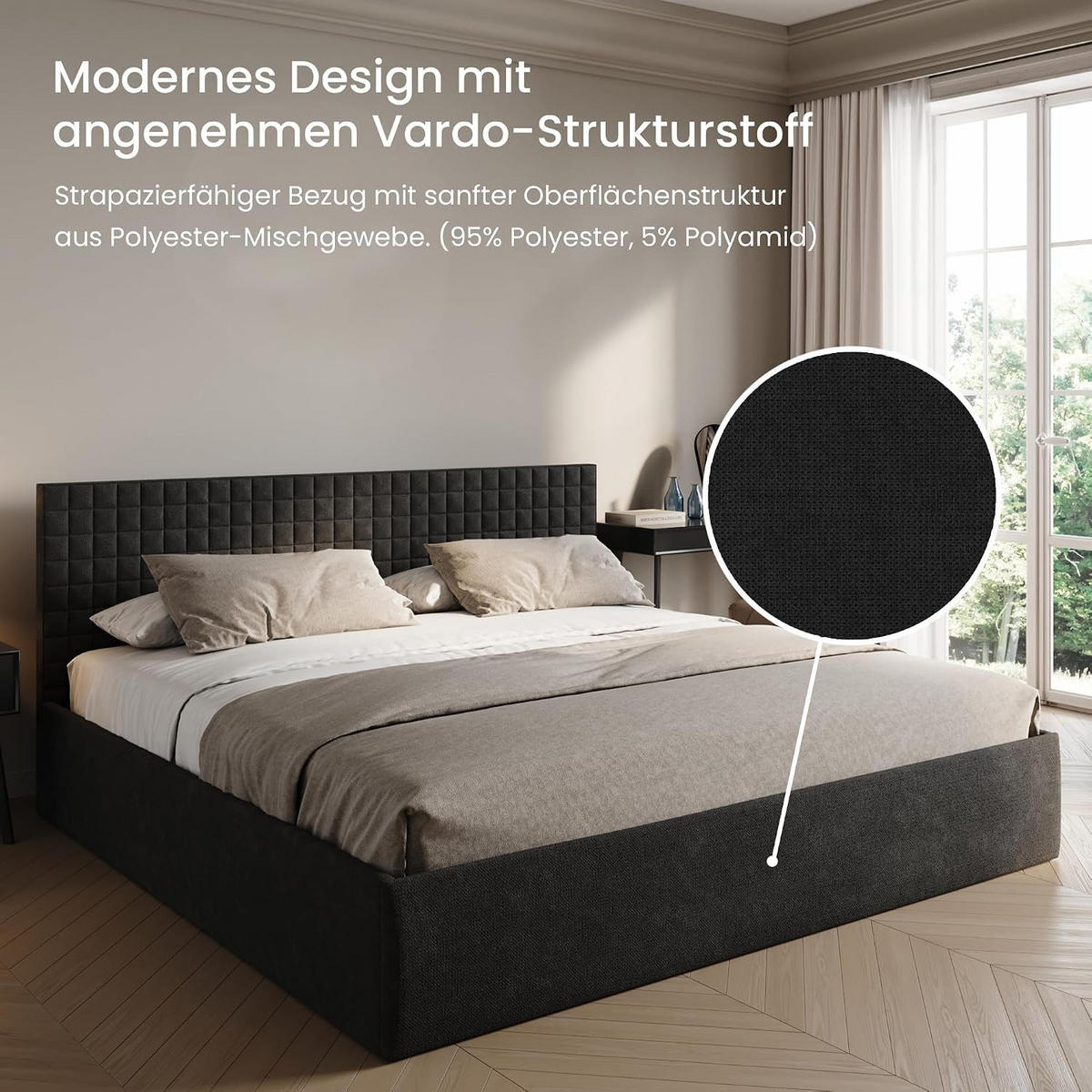 POLSTERBETT VARDO-Stoff 200x200 cm in Anthrazit - Anthrazit, Textil (200/200cm) - Home Collective