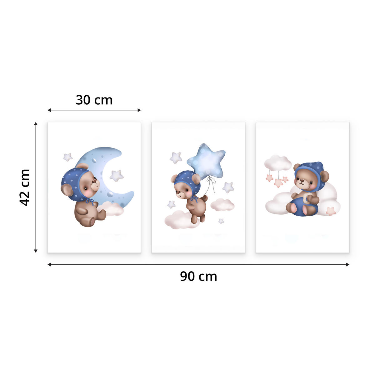 SADA PLAGÁTOV Do Detskej Izby Mackovia Balóny Hviezdy Oblaky 3x Plagát A3 30 x 42 cm - hnedá/biela, papier (30/42/1cm) - Muralo