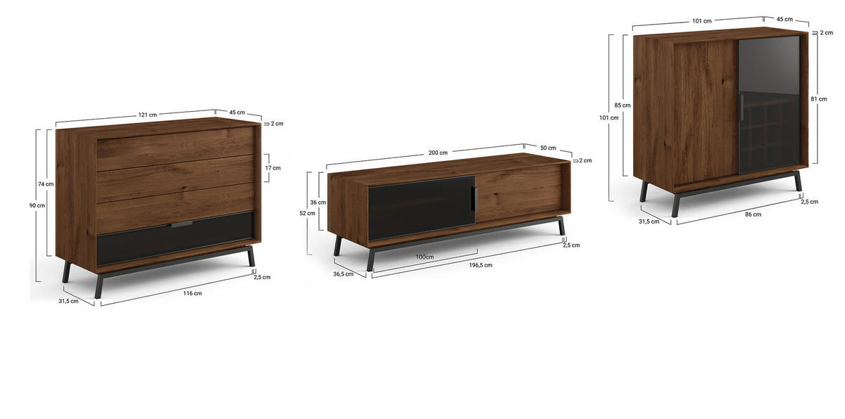 WOHNWAND 3er-Set Modern Loft Eiche Tabak 422 / 50 / 101cm - Eichefarben/Dunkelbraun, Holz/Metall (422/101/50cm) - Feldmann-Wohnen