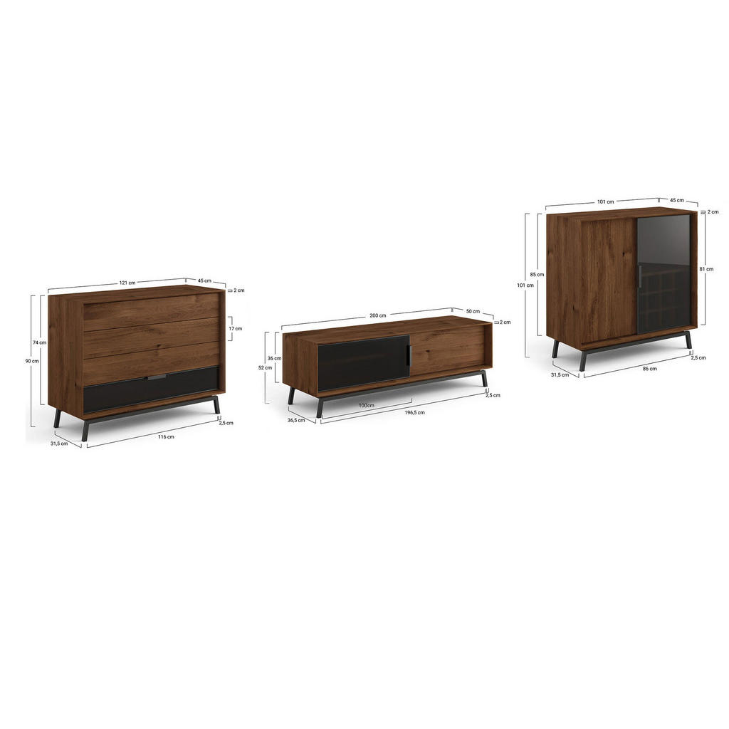 Thumbnail - Feldmann-Wohnen Wohnwand, Dunkelbraun, Holz, 3 Fächer, 4 Schubladen, 422x101x50 cm, Wohnzimmer, Wohnwände, Wohnwand-Sets