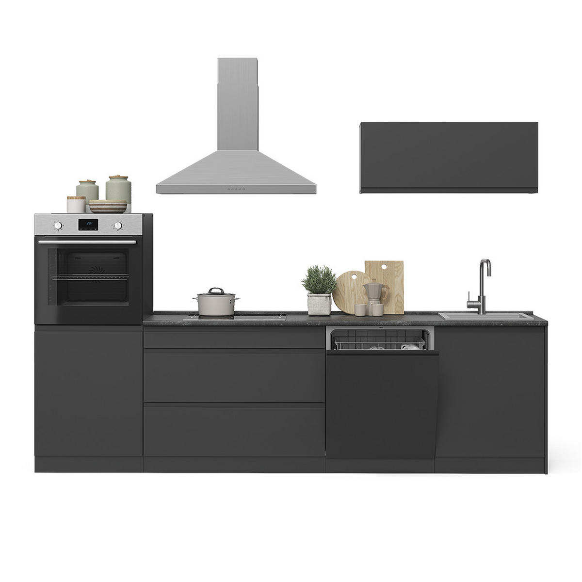 KÜCHENZEILE R-Line, Anthrazit/Anthrazit, 280 cm Arbeitsplatte Satin - Anthrazit, Holzwerkstoff (280/143/60cm) - Vicco