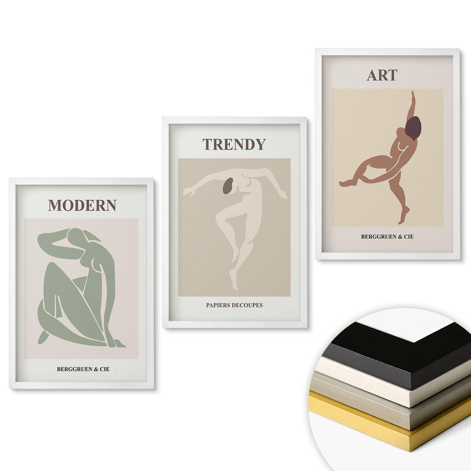 WANDBILDER 3er-Set - 40x60 cm Weißer Rahmen - Stilvolle Charaktere im Minimalismus - Weiß, Kunststoff (40/60cm) - ArtPrintCave