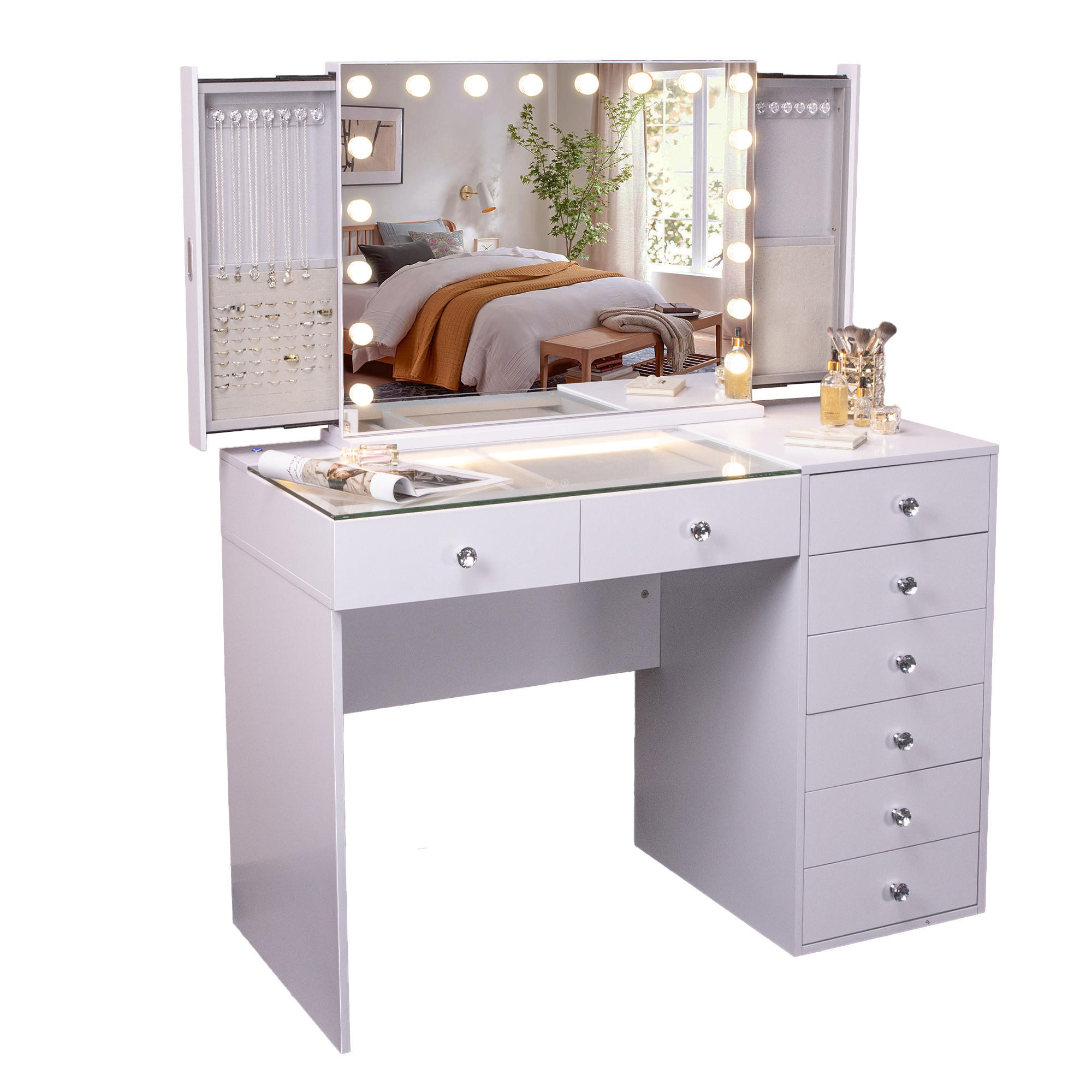 SCHMINKTISCH mit 8 Schubladen 120/55/81 CM und LED Beleuchtung integrierter Schmuckbox und Bluetooth weiß 80/60 cm - Weiß, Holz (55/81/120cm) - VANITII