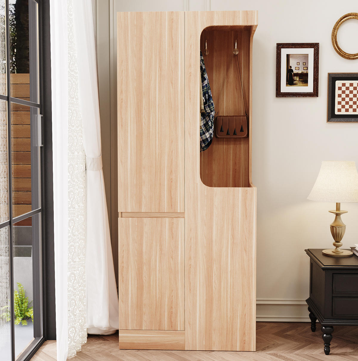 KLEIDERSCHRANK aus Holz 70x40x170 cm Naturholz/Weiß mit Schubladen, offener Hängefläche und 1 Tür - Nussbaumfarben, Holzwerkstoff (70/170/40cm) - Modfu