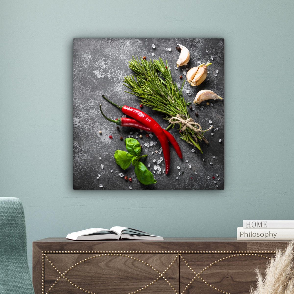 LEINWANDBILD Pfeffer - Kräuter - Gewürze - Beton 50x50 cm - Dunkelgrau, Textil (50/50cm) - MuchoWow