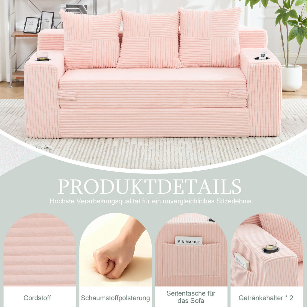 2-SITZER Bodensofa ausklappbar, Getränkehalter/Seitentaschen, Cord, Rosa - Rosa, Textil (172/64/87cm) - LVHOM
