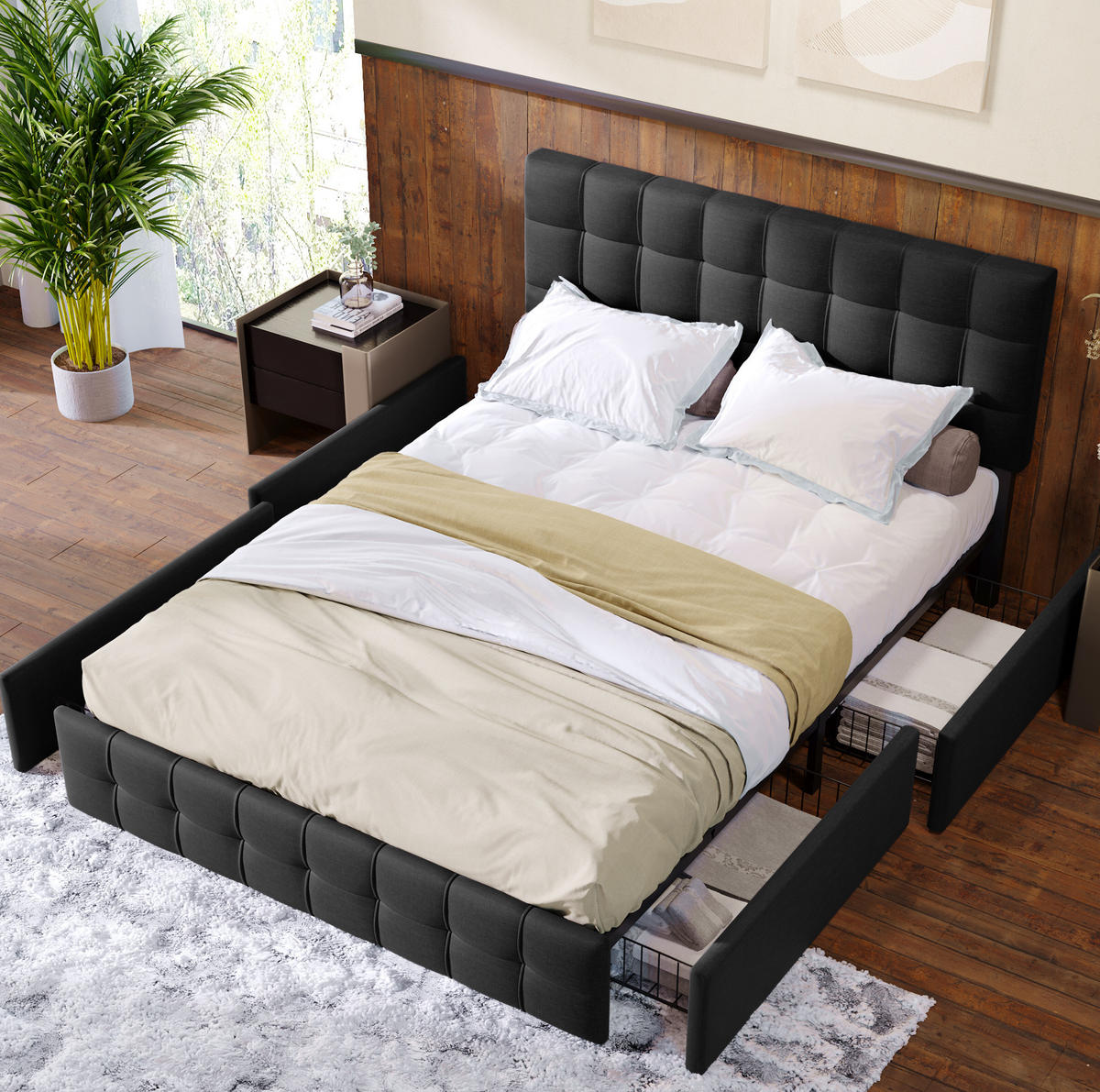 POLSTERBETT 140/200 cm mit 4 Schubladen, höhenverstellbarem Kopfteil & Stahl-Lattenrost, Schwarz - Schwarz, Textil (140/200cm) - Redom