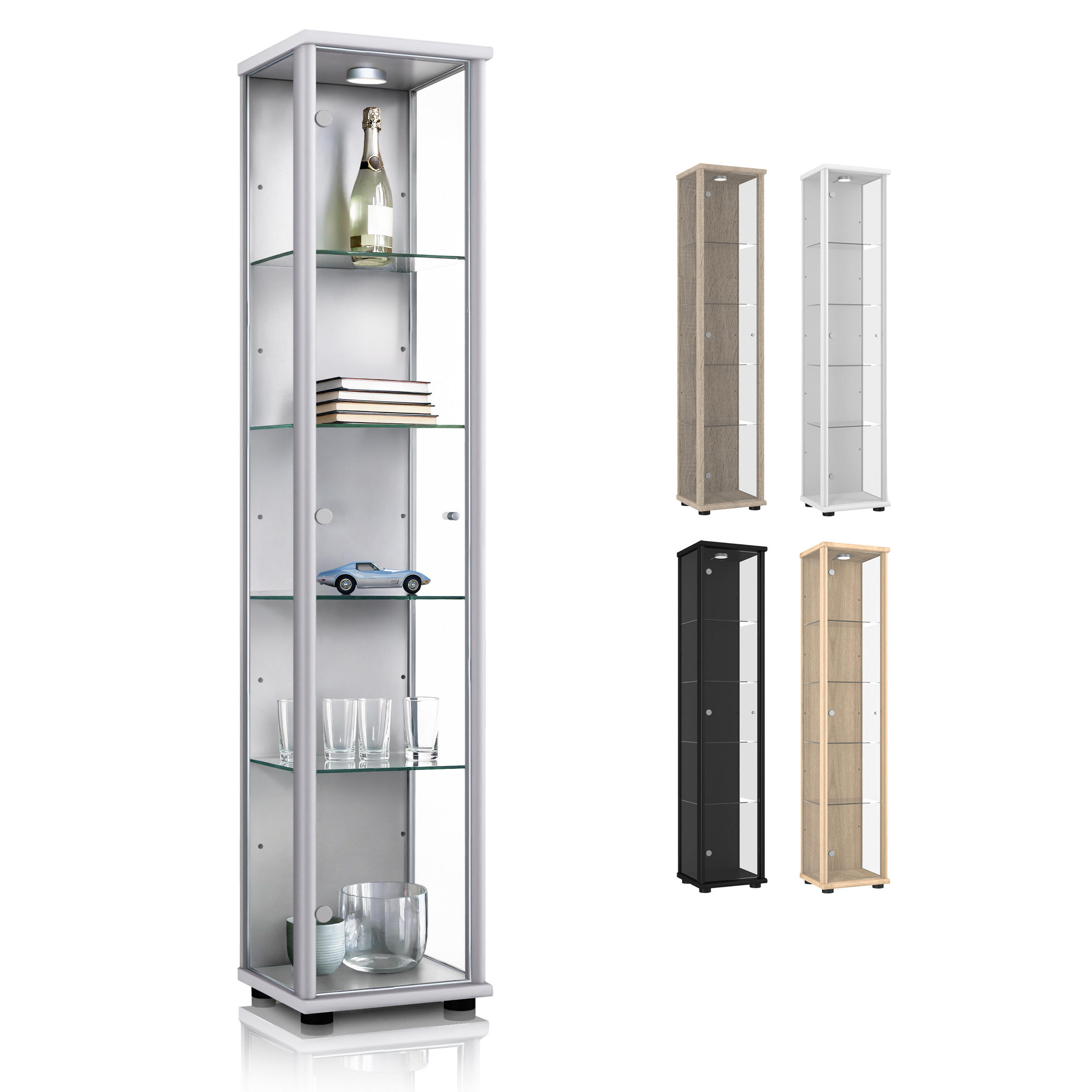 GLASVITRINE 33/37/176 cm mit LED & 4 höhenverstellbaren Glasböden - Transparent/Silberfarben, Glas/Holzwerkstoff (37/176/33cm) - K-Möbel