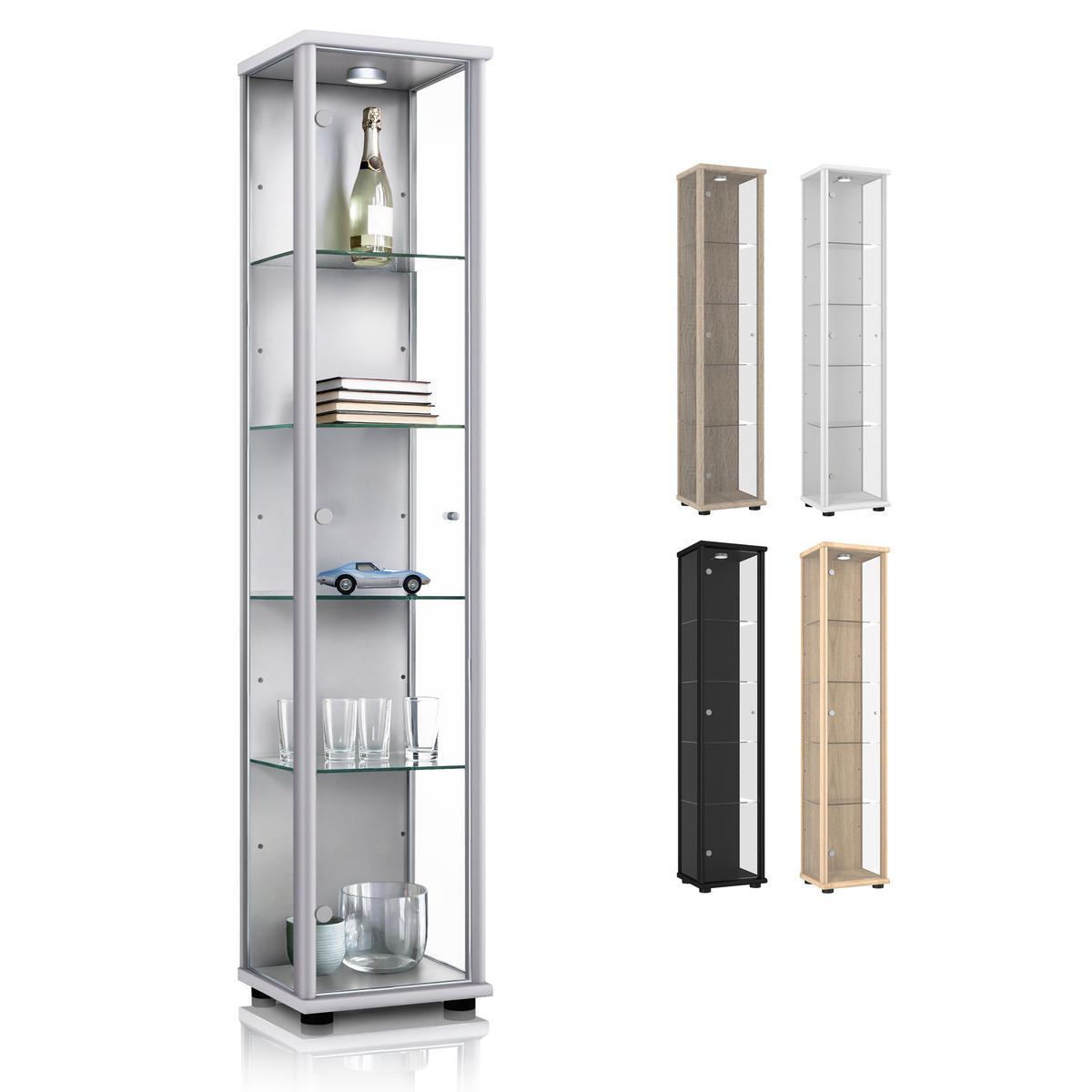 GLASVITRINE 33/37/176 cm mit Spiegel, LED & 4 höhenverstellbaren Glasböden - Transparent/Silberfarben, Glas/Holzwerkstoff (37/176/33cm) - K-Möbel