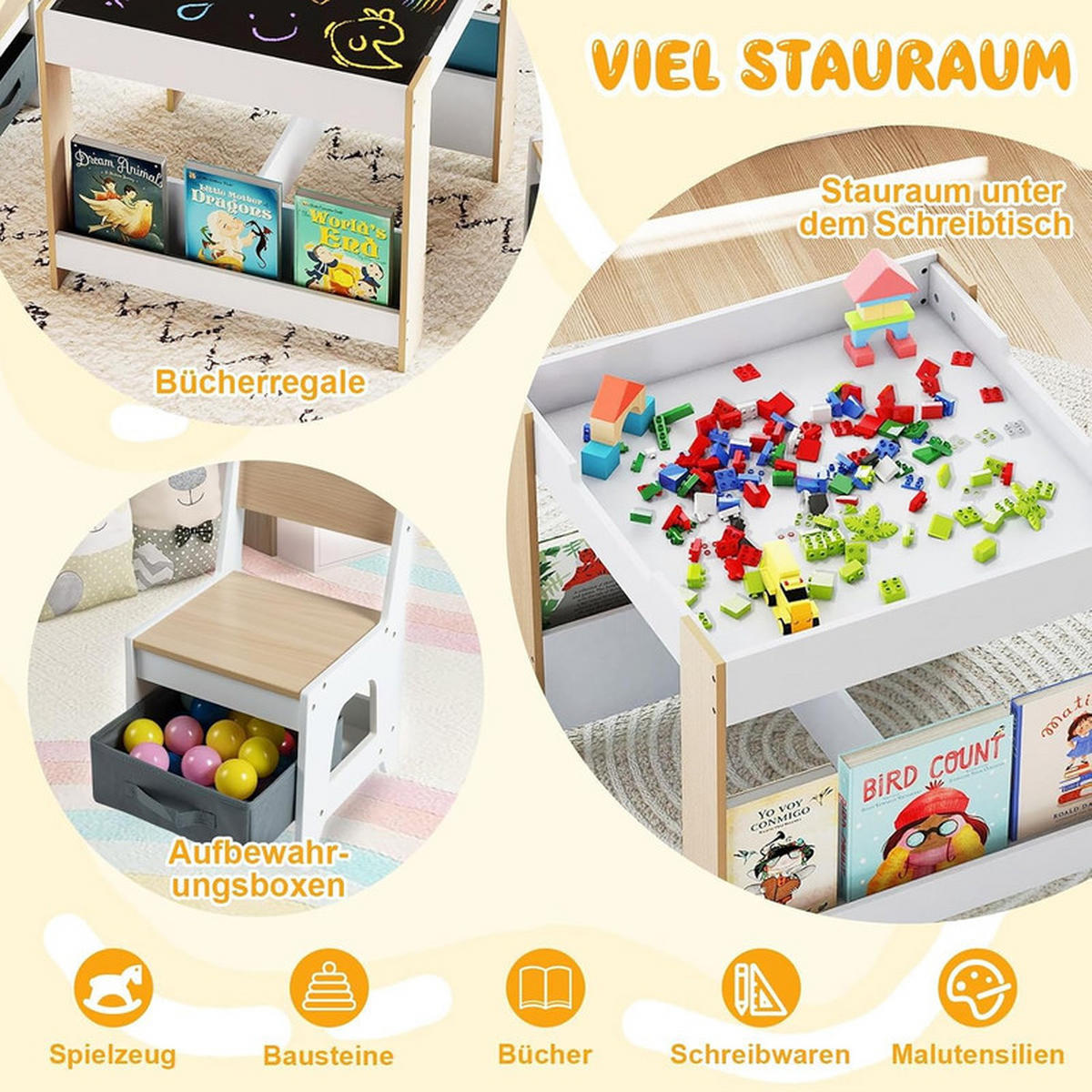 KINDERTISCH mit Stuhl natur(3-tlg) - Naturfarben, Holzwerkstoff (62/56.5/62cm) - COSTWAY